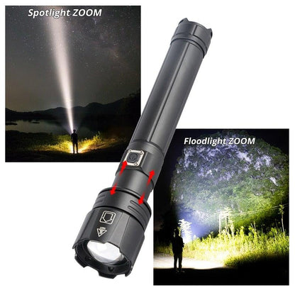Rechargeable LED flashlight Stevvex handheld torch with zoomable beam and spotlight floodlight on Tampa Home & Garden Store