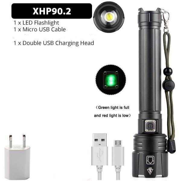 Stevvex XHP90.2 rechargeable LED flashlight, black handheld torch with USB charging and lanyard on Tampa Home & Garden Store