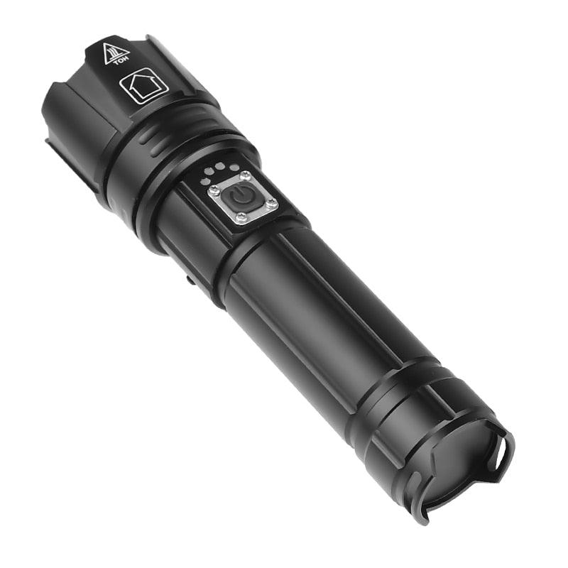 Stevvex rechargeable LED flashlight black handheld torch with USB charging and adjustable zoom on Tampa Home & Garden Store