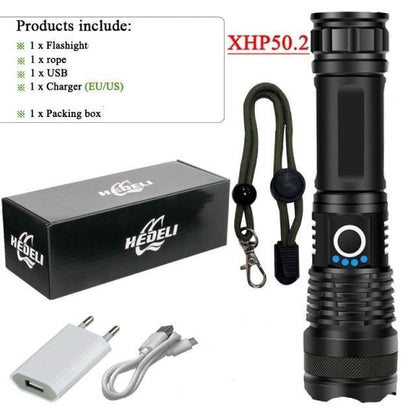 Stevvex XHP50.2 rechargeable LED flashlight handheld torch with zoomable beam; lanyard HEDELI on Tampa Home & Garden Store