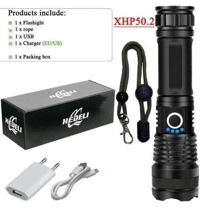 Rechargeable LED flashlight XHP50.2 by Hedeli black with zoomable beam and USB charging on Tampa Home & Garden Store