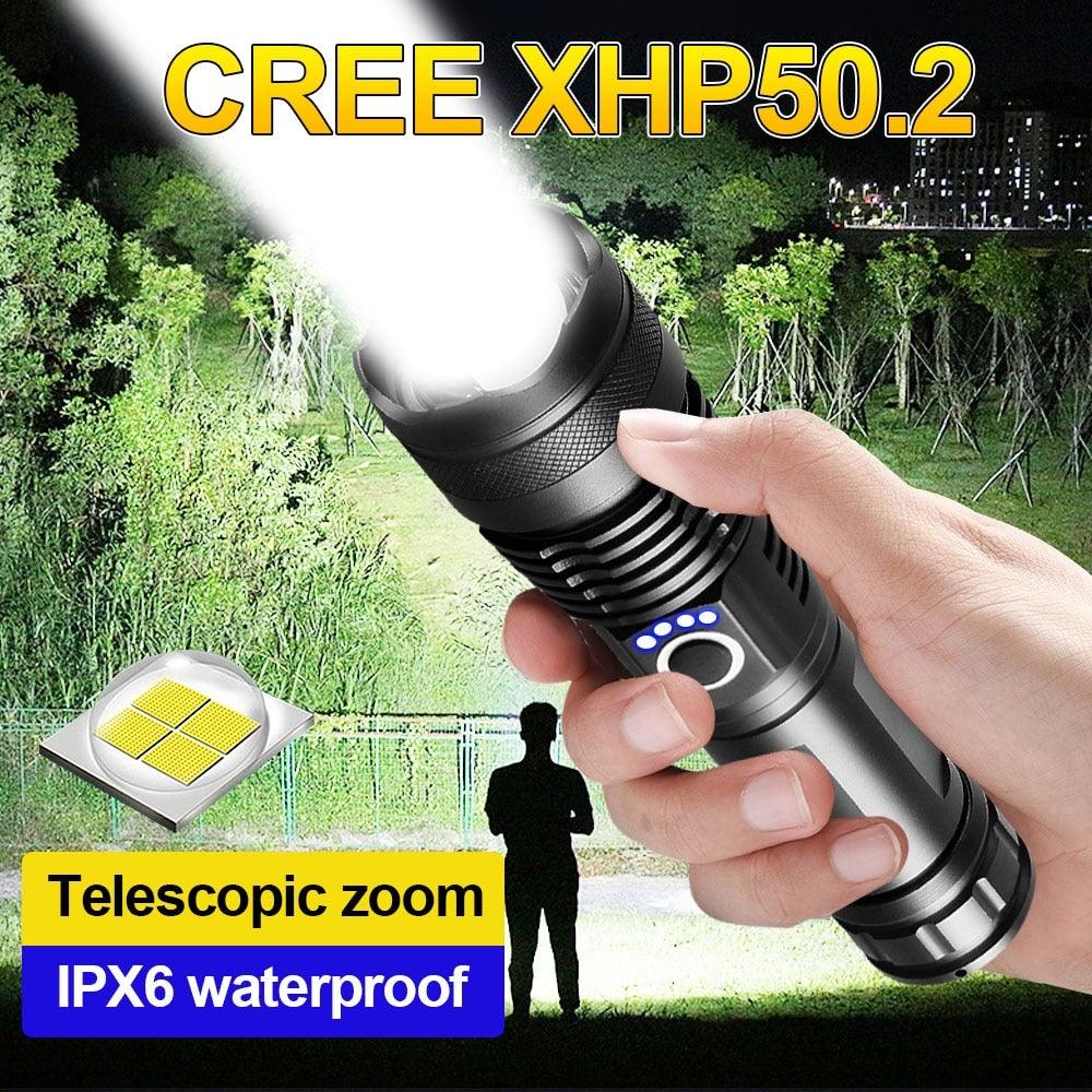 Stevvex handheld LED flashlight with telescopic zoom, CREE XHP50.2, IPX6 waterproof, black on Tampa Home & Garden Store