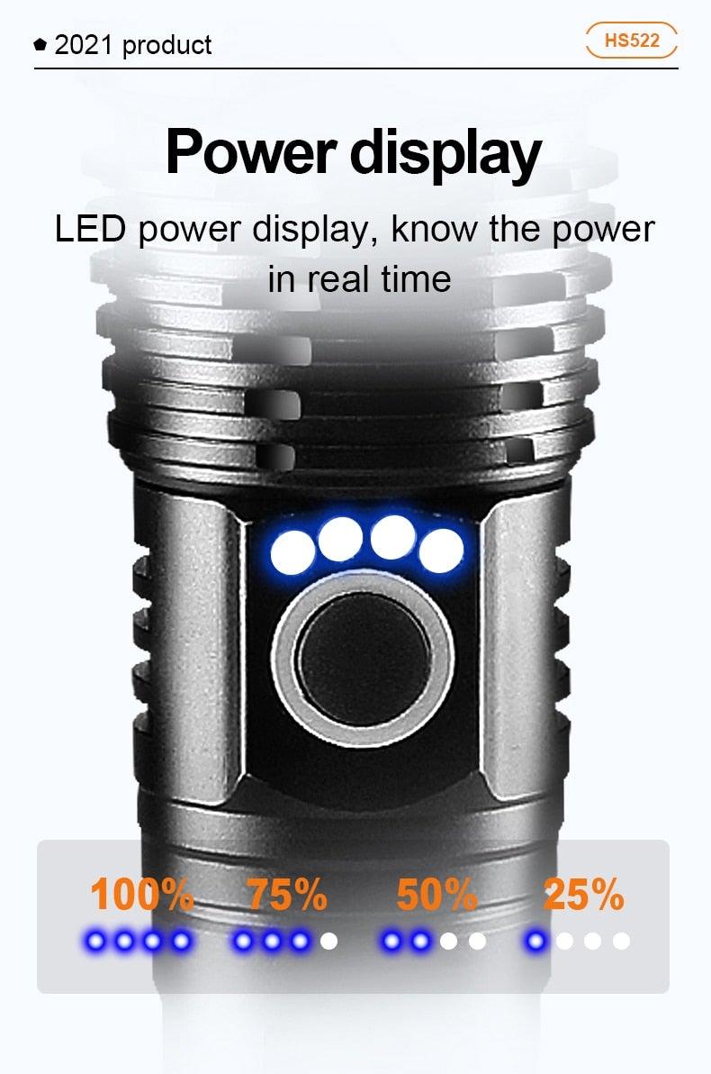 Stevvex rechargeable LED flashlight handheld torch with power display and blue indicator LEDs on Tampa Home & Garden Store