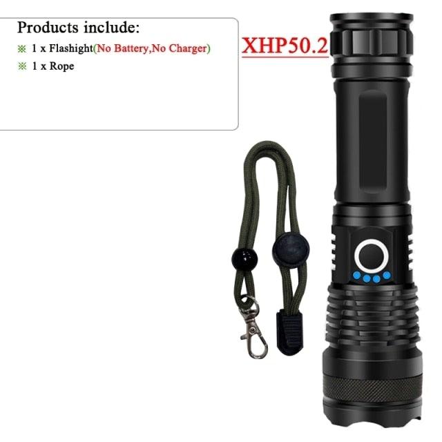 Rechargeable LED flashlight Stevvex, black torch with zoomable beam and rope lanyard on Tampa Home & Garden Store