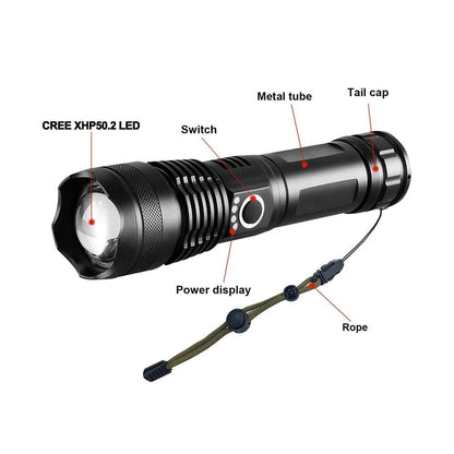 Stevvex rechargeable LED flashlight with CREE XHP50.2 LED, black metal body, rope lanyard on Tampa Home & Garden Store
