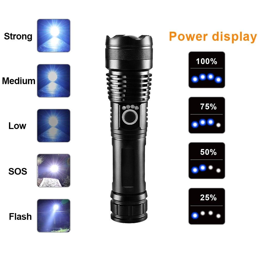 Stevvex black rechargeable LED tactical flashlight with zoomable head and power indicators on Tampa Home & Garden Store