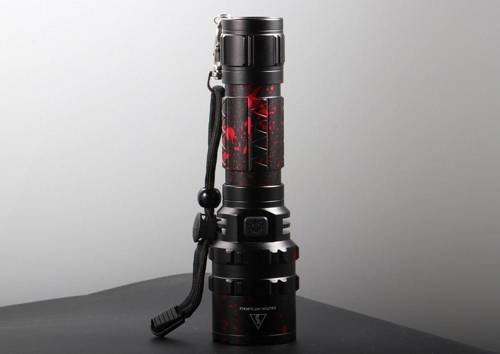 Stevvex rechargeable LED tactical flashlight with aluminum body, red marbled finish, wrist strap on Tampa Home & Garden Store