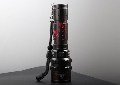 Stevvex rechargeable LED tactical flashlight with aluminum body, red marbled finish, wrist strap on Tampa Home & Garden Store