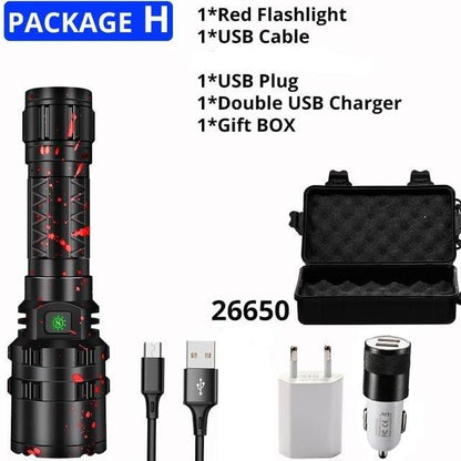 Stevvex Rechargeable Flashlight black with red splatter; includes USB cable and charger on Tampa Home & Garden Store
