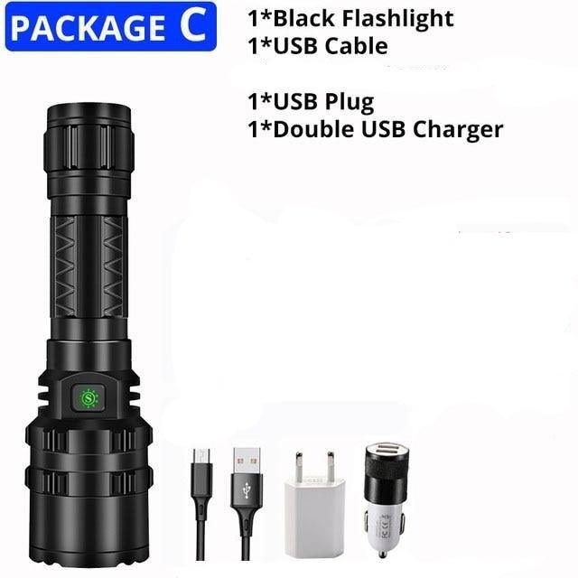 Stevvex black rechargeable LED tactical flashlight with USB kit incl USB cable and dual charger on Tampa Home & Garden Store