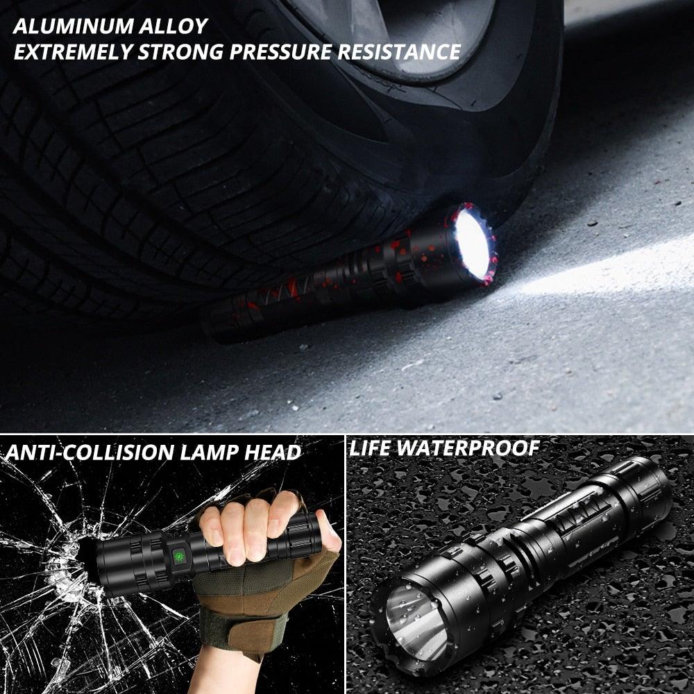 Stevvex LED tactical flashlight, black aluminum body, waterproof, anti-collision head on Tampa Home & Garden Store