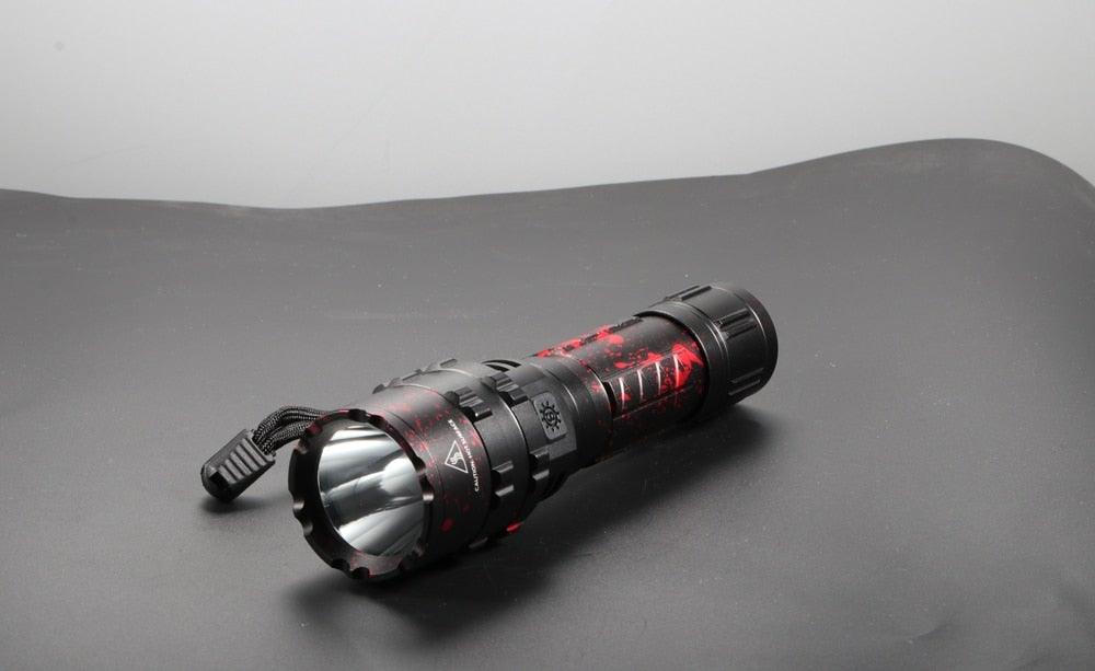 Stevvex rechargeable LED tactical flashlight with black and red camo aluminum body on Tampa Home & Garden Store