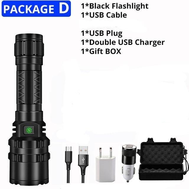 Stevvex rechargeable LED tactical flashlight, black aluminum, waterproof torch with USB cable on Tampa Home & Garden Store