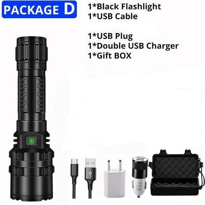Stevvex rechargeable LED tactical flashlight, black aluminum, waterproof torch with USB cable on Tampa Home & Garden Store