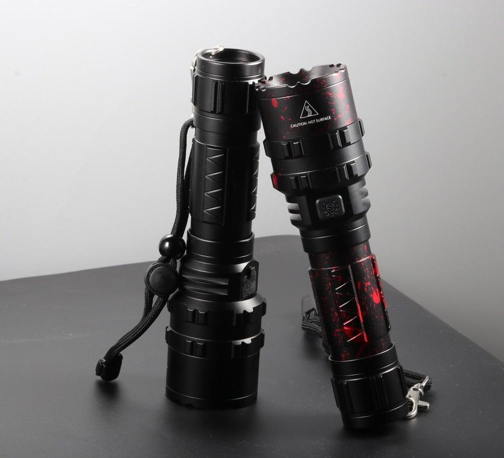 Stevvex rechargeable LED tactical flashlight, black body, red speck finish, dual torches on Tampa Home & Garden Store
