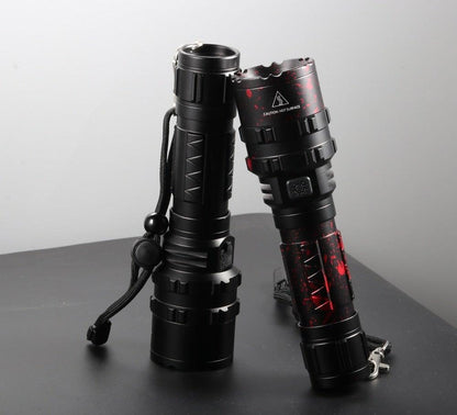 Stevvex rechargeable LED tactical flashlight, black body, red speck finish, dual torches on Tampa Home & Garden Store