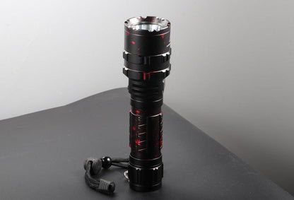 Rechargeable LED tactical flashlight, Stevvex, black aluminum body with red splash on Tampa Home & Garden Store
