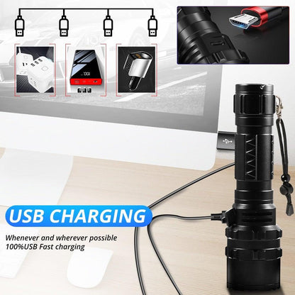 Rechargeable LED tactical flashlight Stevvex USB charging black waterproof torch outdoor on Tampa Home & Garden Store