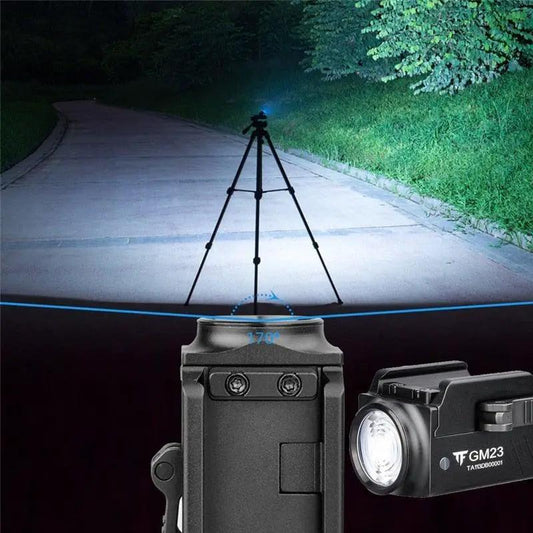 Rechargeable spotlight flashlight by Stevvex with rail mount and USB LED, outdoors beside tripod on Tampa Home & Garden Store