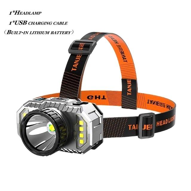 Stevvex rechargeable LED headlamp with orange/black strap and rugged metal housing on Tampa Home & Garden Store