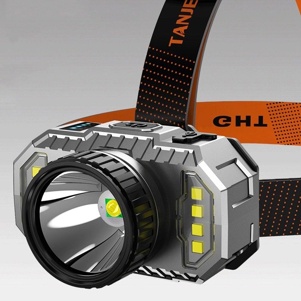 Rechargeable Stevvex LED headlamp with long-range beam, rugged gray housing and strap on Tampa Home & Garden Store