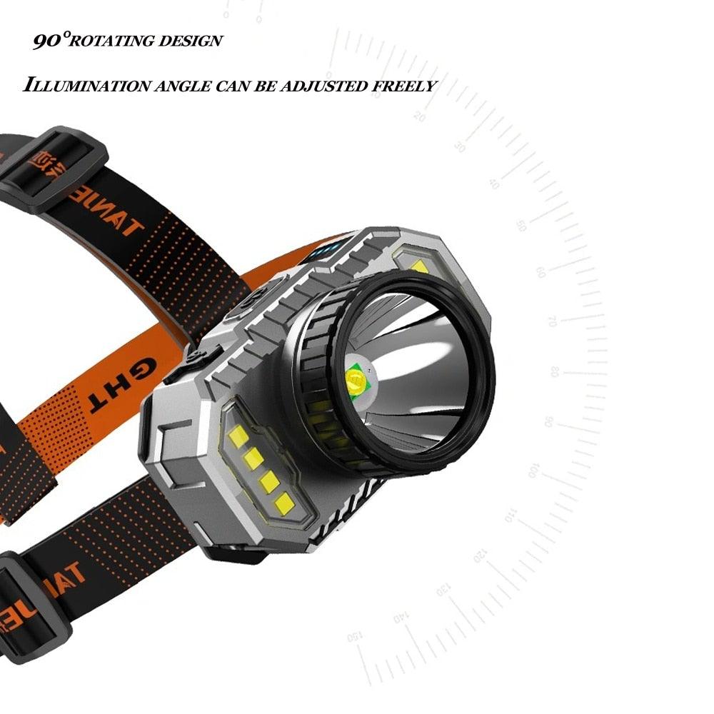 Stevvex LED headlamp with orange/black strap, rugged gray body, 90° rotating design on Tampa Home & Garden Store