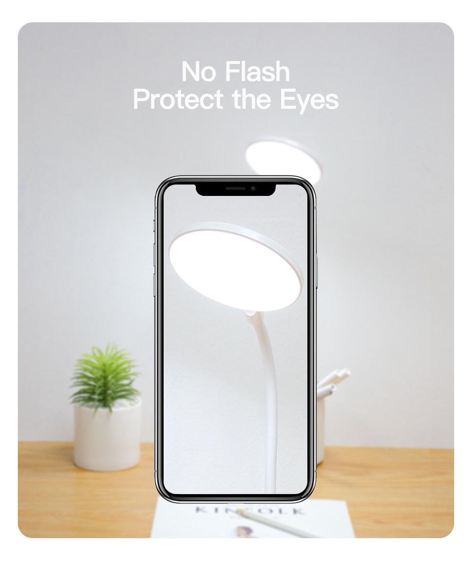 Rechargeable LED touch table lamp with circular white shade on a slim arm for desk use on Tampa Home & Garden Store