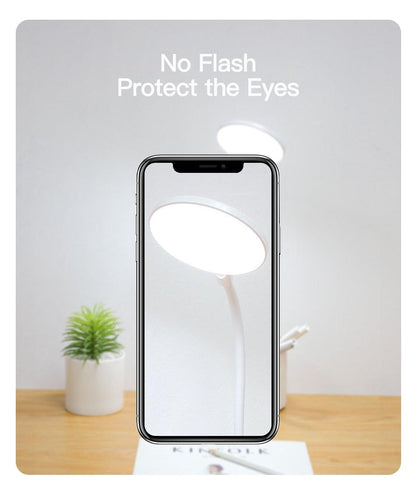 Rechargeable LED touch table lamp with circular white shade on a slim arm for desk use on Tampa Home & Garden Store