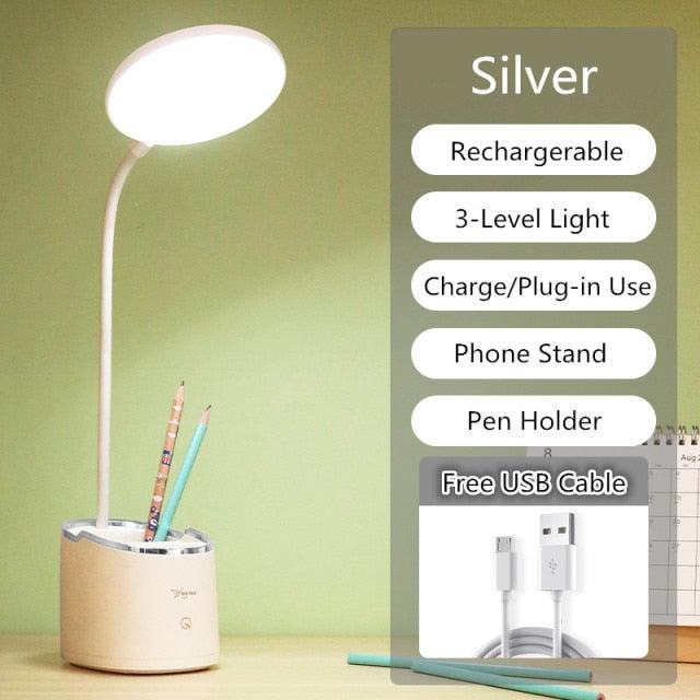 Rechargeable desk lamp with pen holder, silver finish, USB charging, LED touch light by Stevvex on Tampa Home & Garden Store