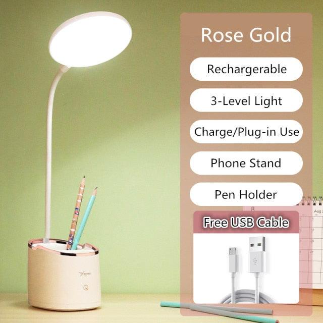 Desk lamp Stevvex rose gold rechargeable with pen holder and phone stand, LED touch light on Tampa Home & Garden Store