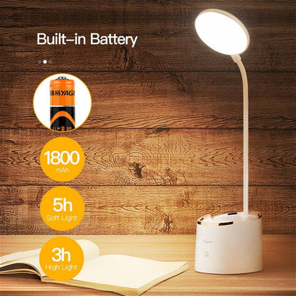 Rechargeable desk lamp Stevvex with built-in battery, LED touch light, pen holder white on Tampa Home & Garden Store