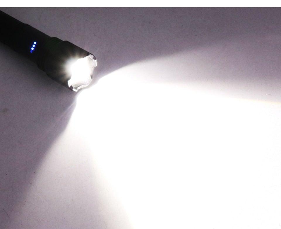Rechargeable tactical flashlight Stevvex, black torch with blue LEDs and bright beam on Tampa Home & Garden Store