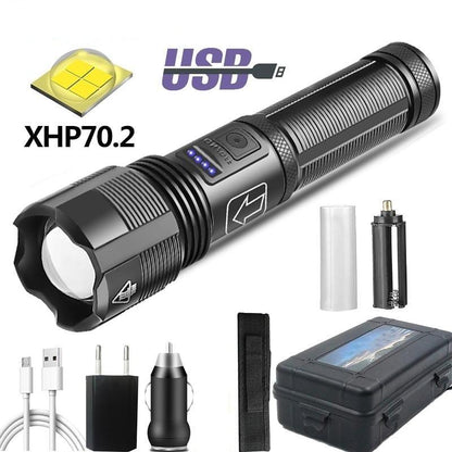 Stevvex rechargeable tactical flashlight USB LED zoomable with XHP70.2 includes battery, charger on Tampa Home & Garden Store