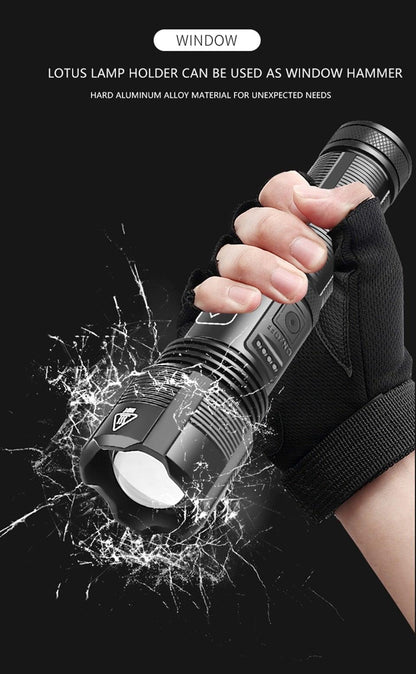 Stevvex USB-rechargeable tactical flashlight with zoomable beam, black aluminum body handheld on Tampa Home & Garden Store
