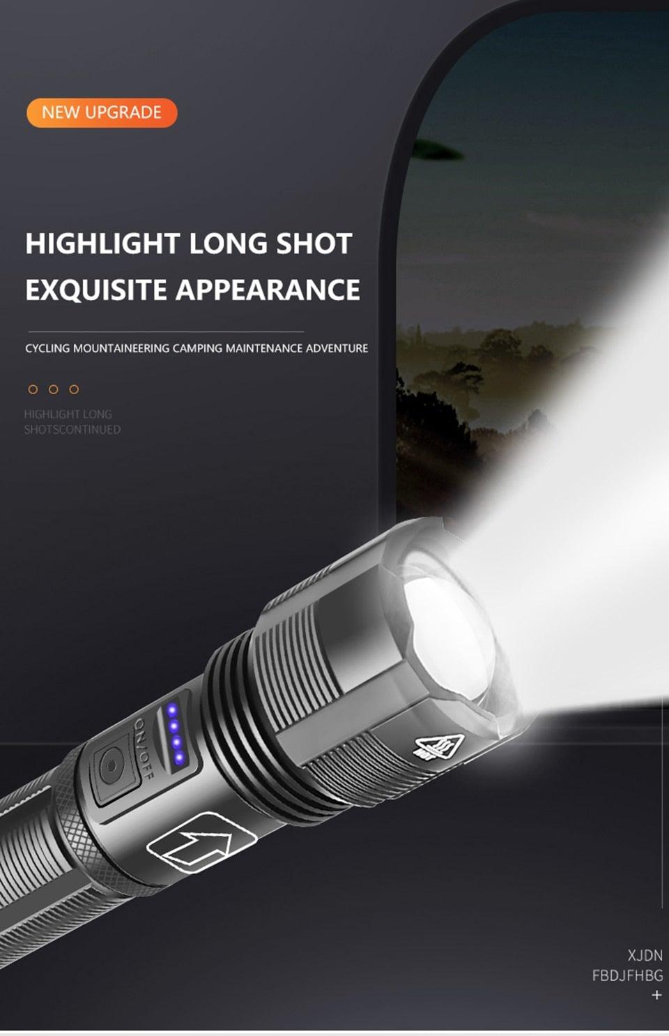 Stevvex rechargeable tactical flashlight with zoomable head, USB charging, blue indicator LEDs on Tampa Home & Garden Store