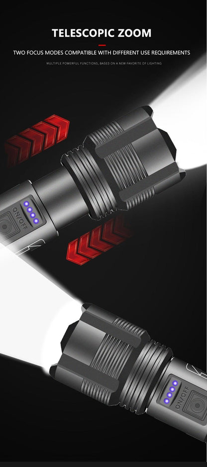Stevvex rechargeable tactical flashlight with USB charging and telescopic zoom in black aluminum on Tampa Home & Garden Store