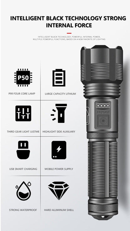 Rechargeable tactical flashlight Stevvex USB LED zoomable torch black aluminum waterproof on Tampa Home & Garden Store