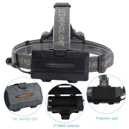 Stevvex headlamp with black housing and adjustable strap, 2x18650 battery compartment and tail light on Tampa Home & Garden Store