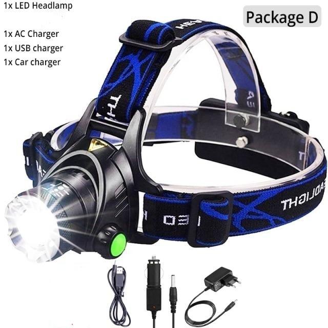 Stevvex LED Headlamp with blue strap, rechargeable, ultra-bright zoomable beam, waterproof on Tampa Home & Garden Store