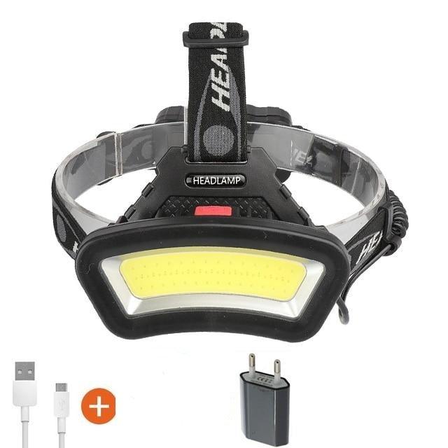 Rechargeable USB headlamp Stevvex with black strap and yellow floodlight 500m range on Tampa Home & Garden Store