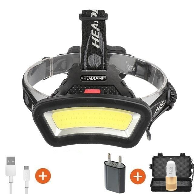 Rechargeable USB Headlamp Stevvex, black with yellow floodlight, headlamp kit with charger on Tampa Home & Garden Store