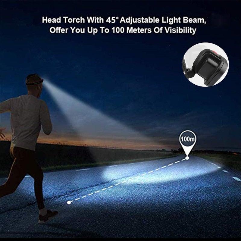 Stevvex USB rechargeable headlamp, 500m long-range, 45° adjustable flood beam worn by runner on Tampa Home & Garden Store