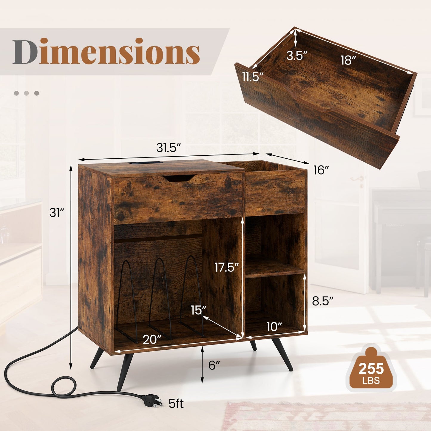 Mueble para tocadiscos con toma de corriente - Marrón rústico