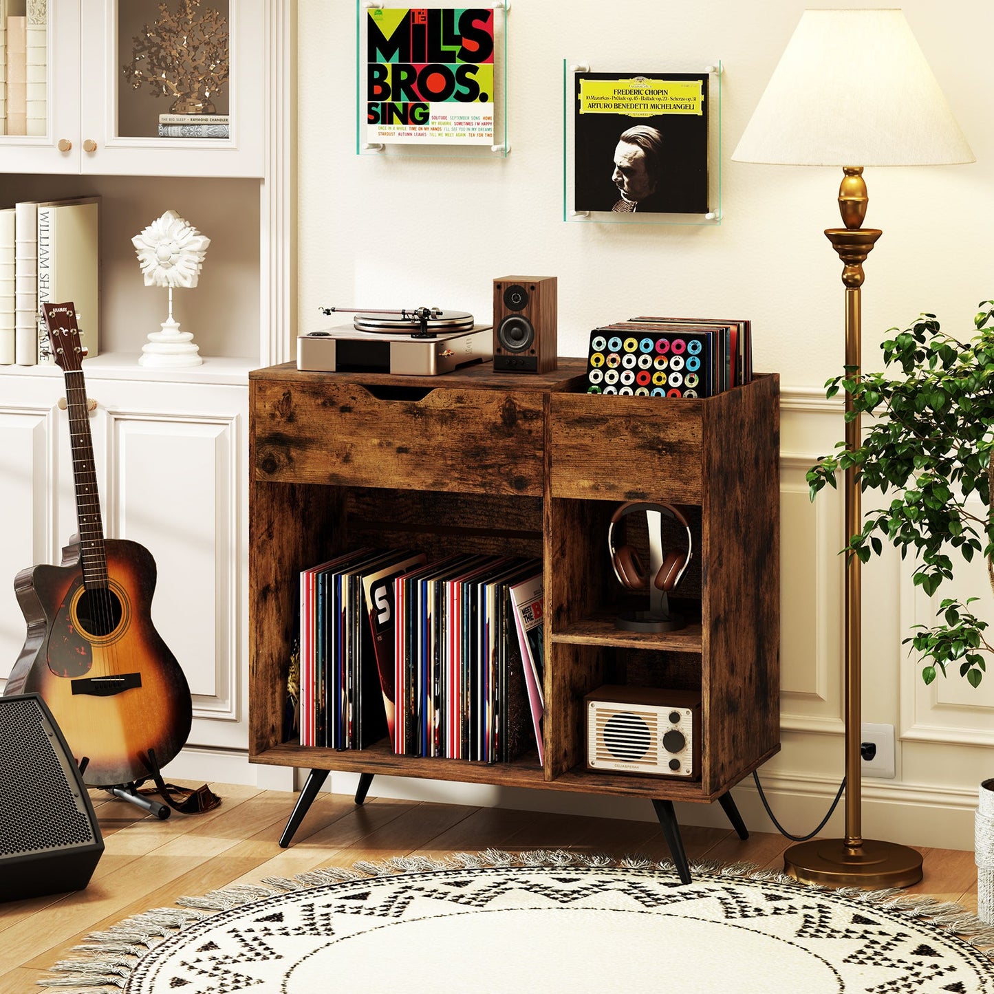 Mueble para tocadiscos con toma de corriente - Marrón rústico