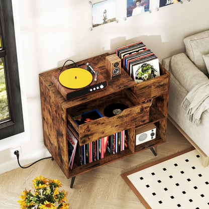 Mueble para tocadiscos con toma de corriente - Marrón rústico