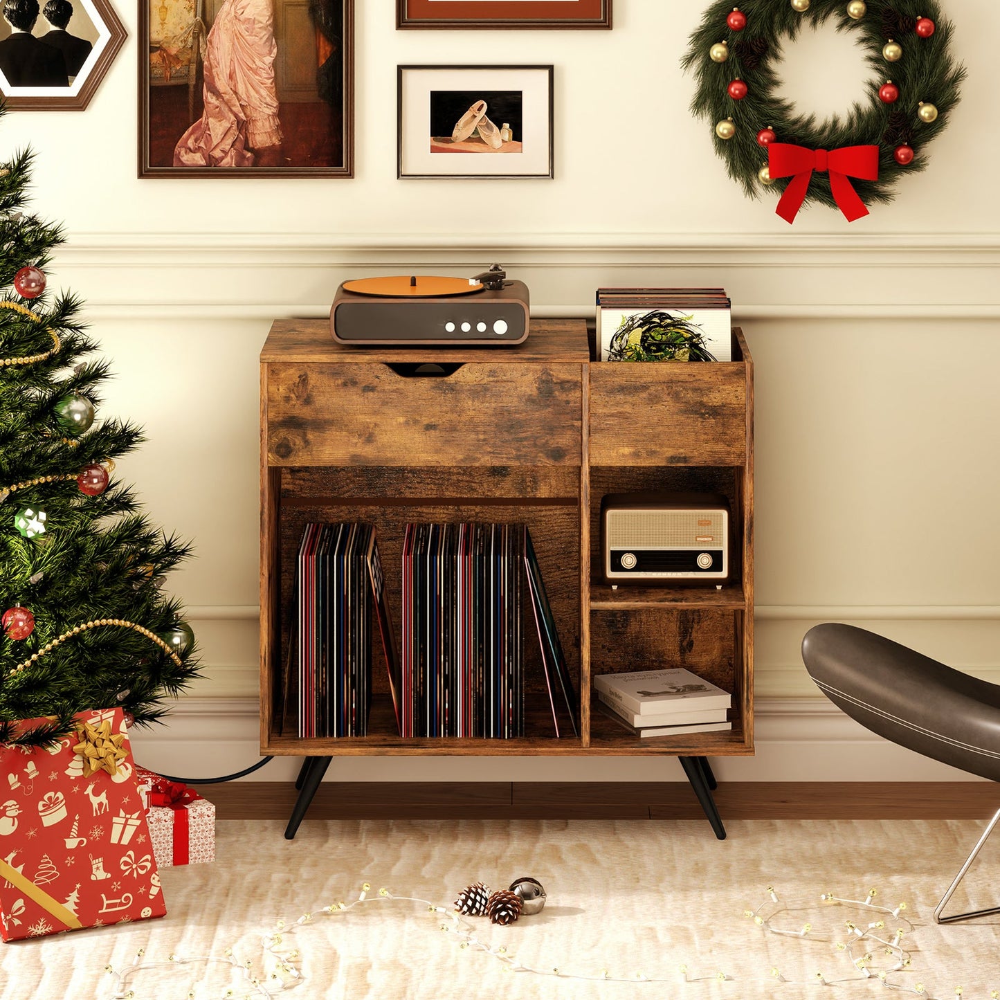 Mueble para tocadiscos con toma de corriente - Marrón rústico