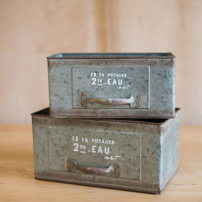 Rectangular iron planter drawer set of two, rustic weathered metal with handles by RusticReach on Tampa Home & Garden Store