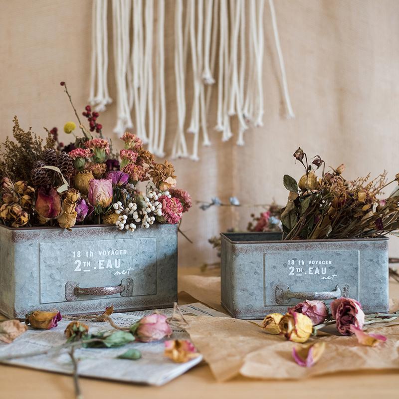 Rectangular Iron Planter Drawer RusticReach, metal planters filled with dried flowers; two on Tampa Home & Garden Store