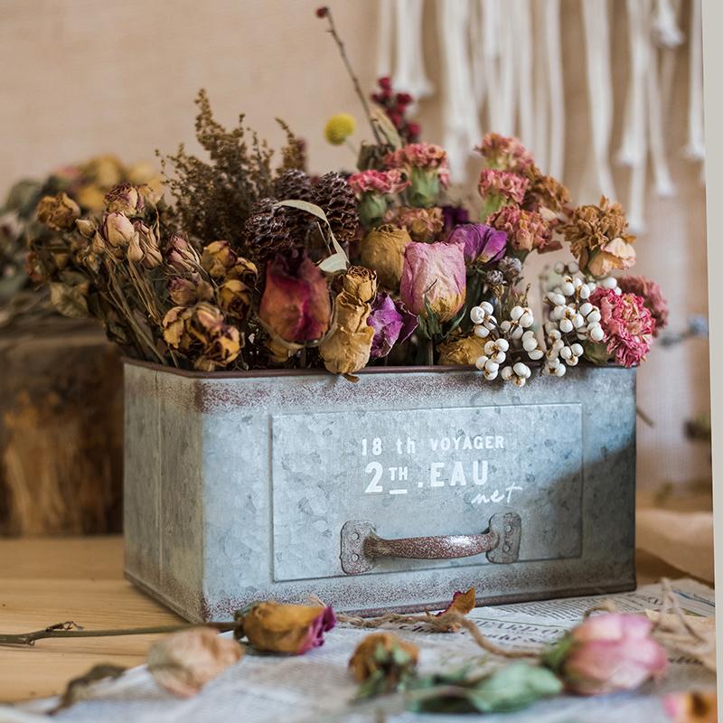 Rectangular iron planter drawer RusticReach galvanized metal with dried flowers on Tampa Home & Garden Store