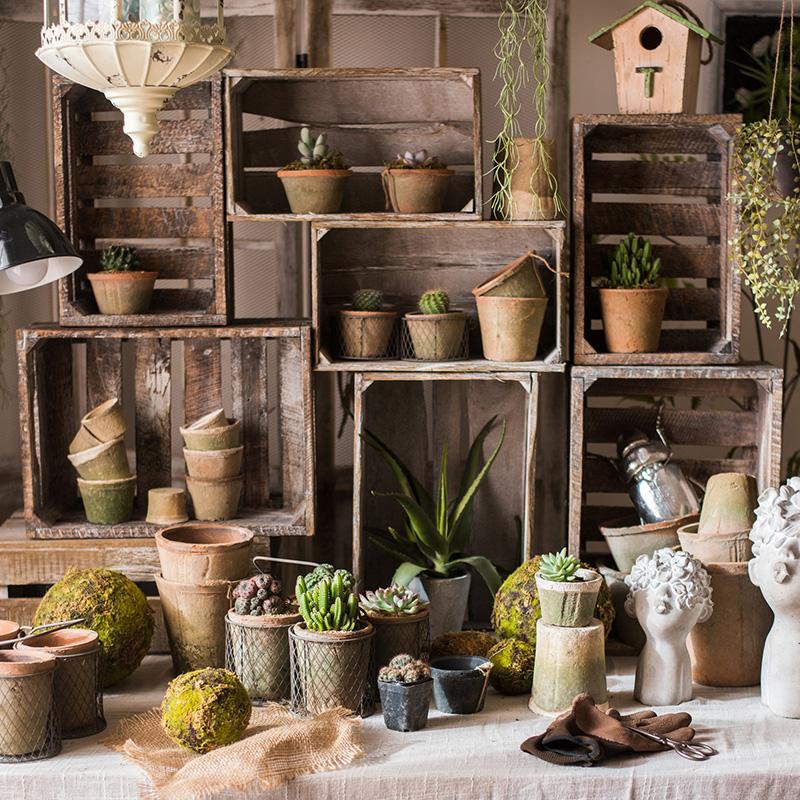 Rectangular solid wood crates set with rustic finish and potted succulents, RusticReach on Tampa Home & Garden Store